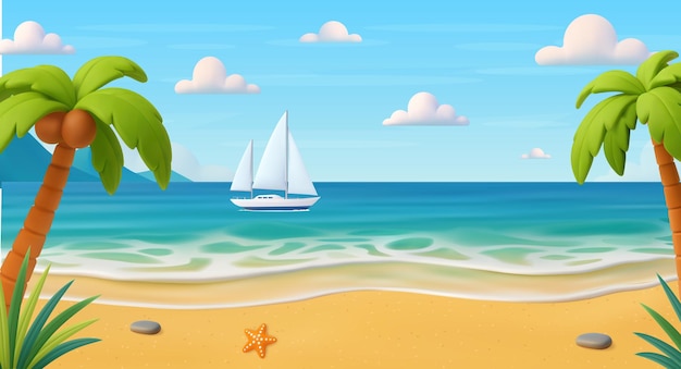 3d Cartoon tropical beach with sailing boat