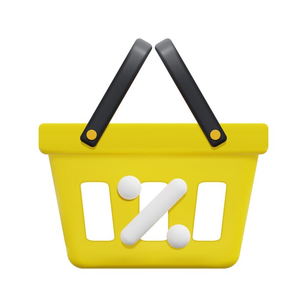 3d cesta de compras y promoción etiqueta icono vector aislado sobre fondo blanco 3d descuento compras en línea y concepto de supermercado Dibujos animados estilo minimalista 3d icono vector render ilustración