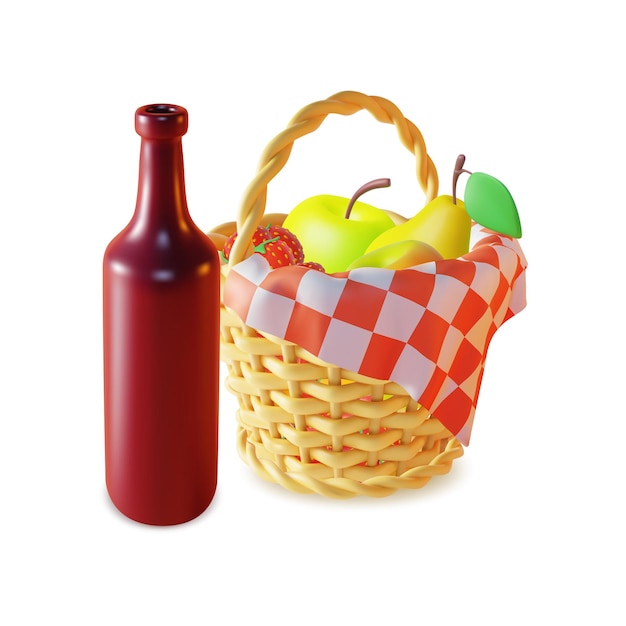 3d Cesta de picnic y botella de vino rojo Set de plástico Vector de estilo de dibujos animados