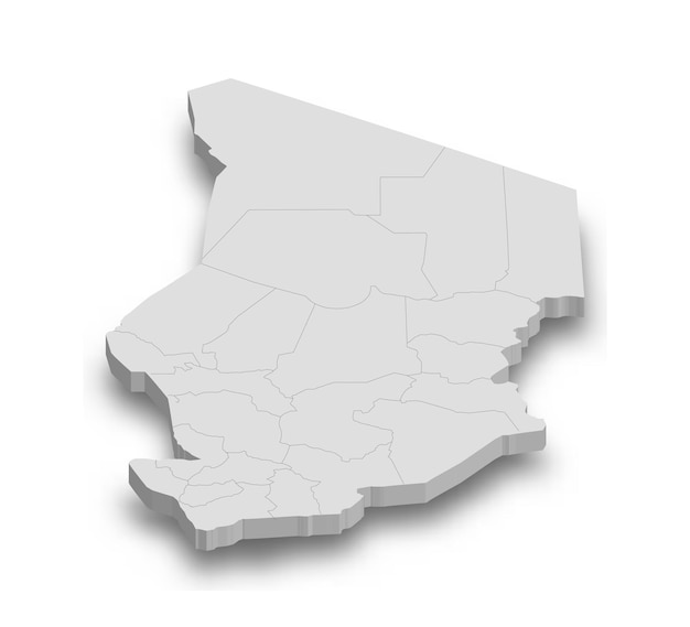 3d Chad mapa blanco con regiones aisladas