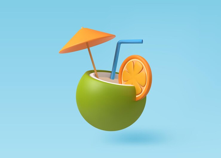Vector 3d cóctel de coco verde con paja y paraguas ilustración 3d realista