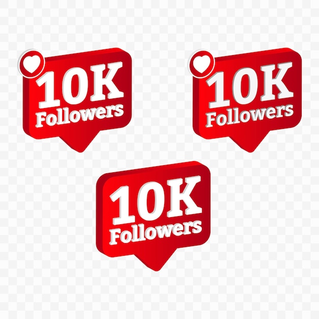 3D, colección de insignias de celebración de seguidores de 10K. Acción de gracias para la ilustración de vector de seguidores de 10K. Celebración de la insignia de seguidor de 10K de color rojo 3D con forma de amor.