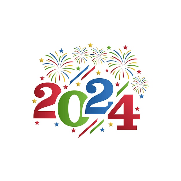 3d colorido 2024 lujo coloridos fuegos artificiales feliz año nuevo felicitaciones ilustración fondo de texto