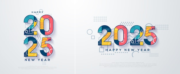 3d coloridos números de feliz año nuevo con números 2025 hermosos y modernos con figuras lujosas y elegantes diseño vectorial premium para pancartas carteles boletines y otros propósitos