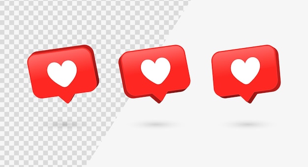 3d como icono de amor en el moderno y brillante bocadillo de diálogo para los iconos de notificaciones de redes sociales