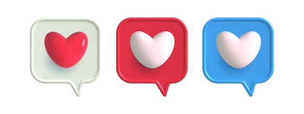 Vector 3d como icono de corazón bocadillo de diálogo iconos de redes sociales diferentes formas mensaje cuadro de amor botón de seguimiento como elemento favorito vector ilustración realista