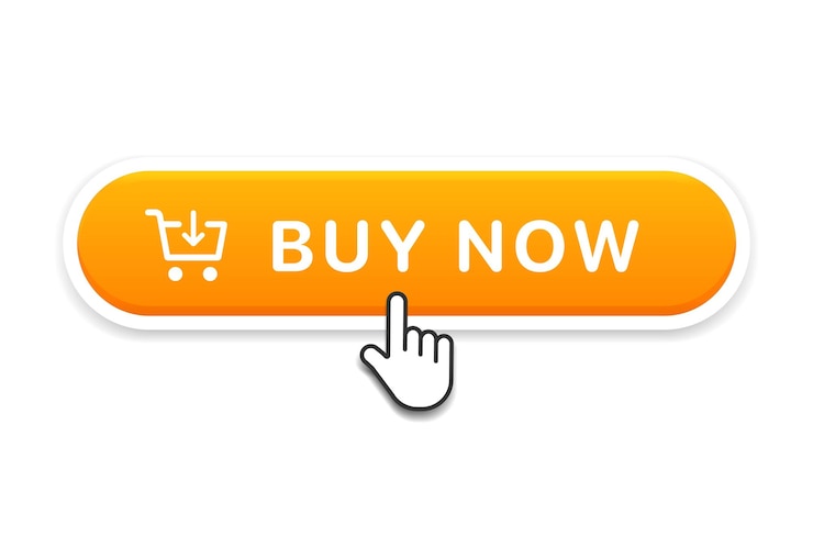 Vector 3d comprar ahora botón cursor de mano puntero de mano haciendo clic aquí botón pulsador de banner compras en línea.
