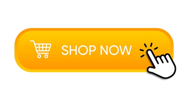 3d comprar ahora botón naranja con el cursor de la mano botón puntero de la mano haciendo clic haga clic aquí banner con sombra