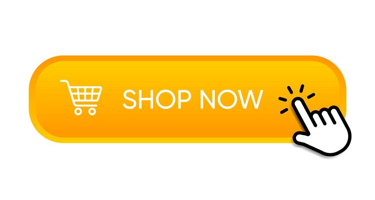 Vector 3d comprar ahora botón naranja con el cursor de la mano botón puntero de la mano haciendo clic haga clic aquí banner con sombra