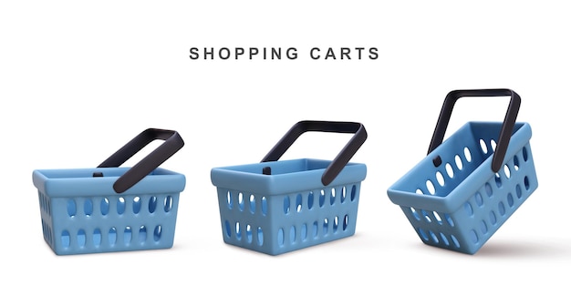3d conjunto de carritos de compras azules aislados sobre fondo blanco ilustración vectorial