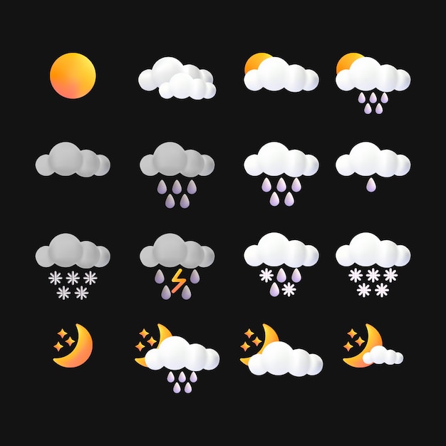 3d Conjunto de pronóstico del tiempo de estilo vector de dibujos animados