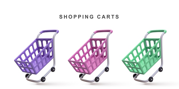 Vector 3d conjunto realista de carritos de compras aislados sobre fondo blanco ilustración vectorial