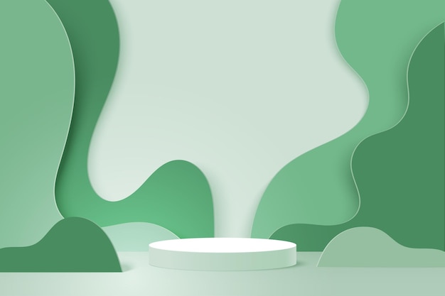 3d, corte de papel, extracto, mínimo, forma geométrica, plantilla, fondo., Cilindro blanco, podio, en, verde, naturaleza, capas onduladas
