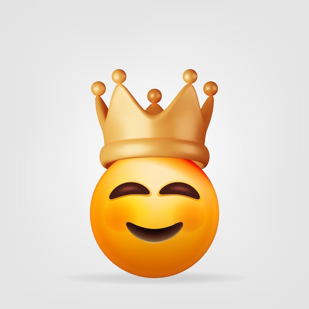 3D Cute Emoji Face con Corona Dorada Render Sonrisa y Símbolo de Corona Dorada Emoticón para VIP Ganador Rico Lujo Premium Éxito Opinión del Cliente Clasificación o Estatus Señales Ilustración vectorial realista
