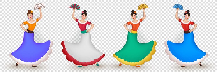 Vector 3d dibujos animados hermosas mujeres españolas con vestidos largos y flores en el cabello bailando flamenco