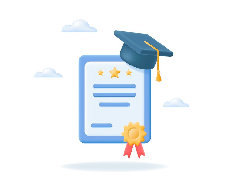 Vector 3d diploma o certificado y gorra de posgrado concepto de graduación de colegio o universidad de educación