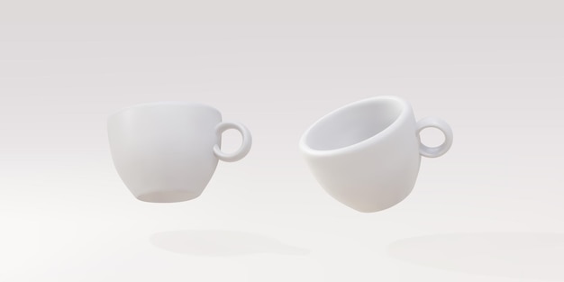 3d dos tazas blancas sobre un fondo gris