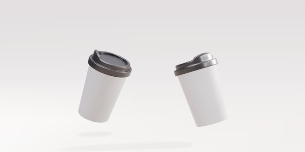 3d dos tazas de café de papel blanco sobre un fondo gris