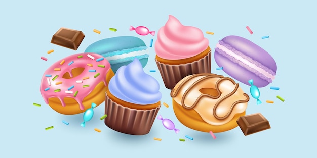 3d dulces cupcakes y rosquillas chocolate y macarrón panadería 3d elementos aislados decoración en rosquillas y pasteles postres lindos composición para fiesta vector bandera realista