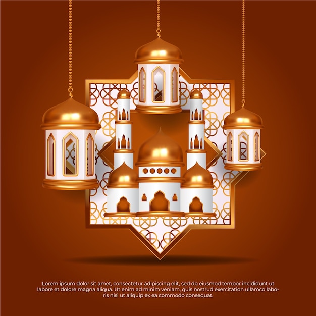3d Eid al adha mubarak hermosa lámpara islámica mezquita y mandala vector fondo
