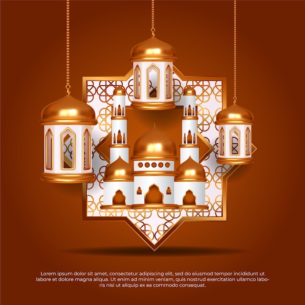 3d eid al adha mubarak hermosa lámpara islámica mezquita y mandala vector fondo