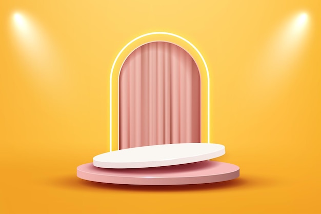 3d escena abstracta fondo amarillo suave flotante rosa blanco podio presentación de producto con luz
