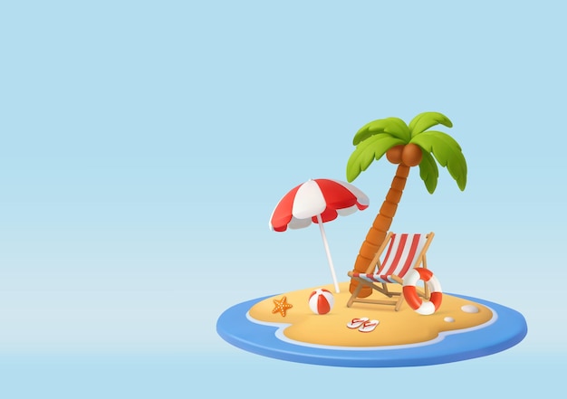 3d Escena de playa tropical relajante con silla y palma