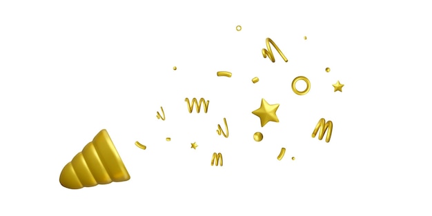 3d, fiesta, explosión de popper, petardo, con, vuelo, dorado, confeti, estrellas, y, espirales, vector, ilustración, aislado, blanco, plano de fondo