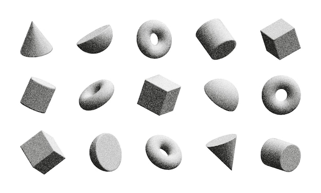3D figures with noise create an interesting visual display of various geometric shapes and forms in a monochrome design