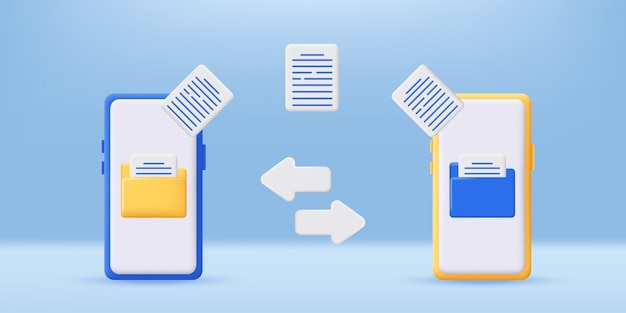 3D file transferring documents from mobile to mobile Copy files wireless data transfer backup information Send of document in internet Minimalist cartoon icon Modern vector in 3d style