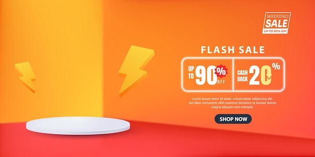 3d flash sale podio elegante en fondo naranja ilustración vectorial