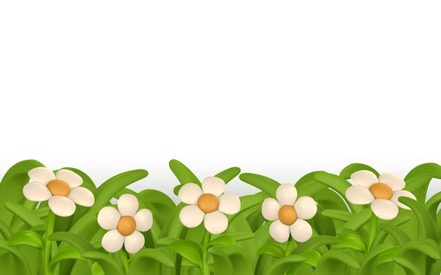 3d frontera de hierba verde colorida flor de margarita camuela Ilustración vectorial