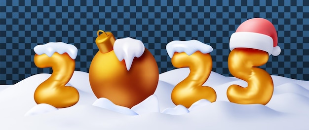 3d globo dorado 2025 símbolo del año nuevo en la nieve
