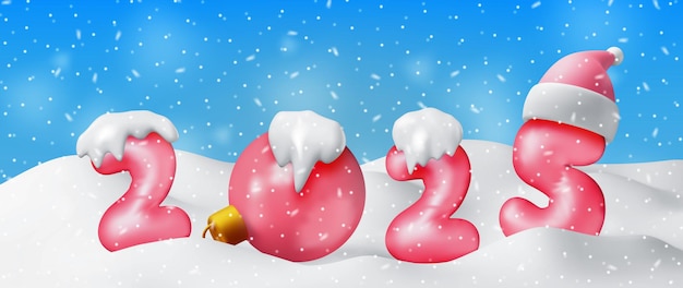 3d globo rojo 2025 símbolo del año nuevo en la nieve
