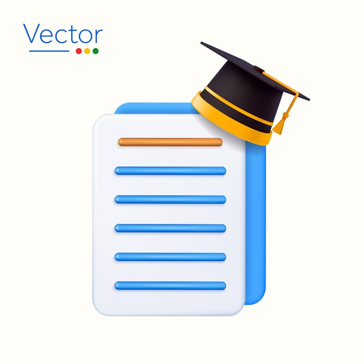 3d gorra o sombrero de graduación y documentos aislados en el fondo