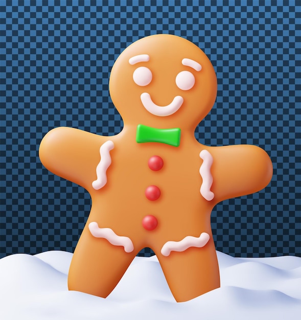 Vector 3d holiday gingerbread man cookie en nieve render cookie en paisaje invernal feliz año nuevo decoración feliz navidad vacaciones año nuevo y navidad celebración ilustración vectorial realista