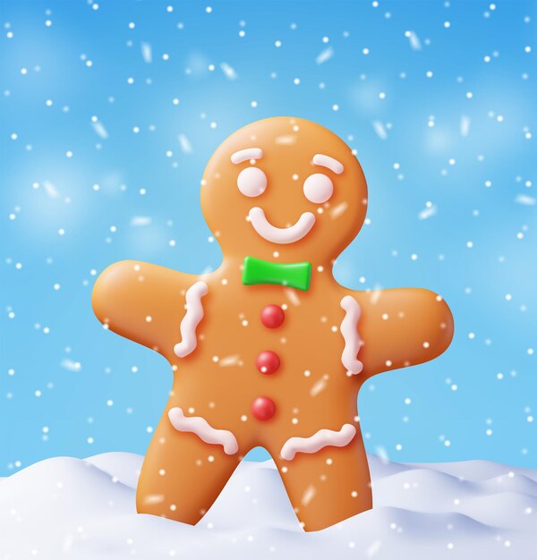 3D Holiday Gingerbread Man Cookie en nieve Render Cookie en paisaje invernal Feliz año nuevo Decoración Feliz Navidad Vacaciones Año nuevo y Navidad Celebración Ilustración vectorial realista