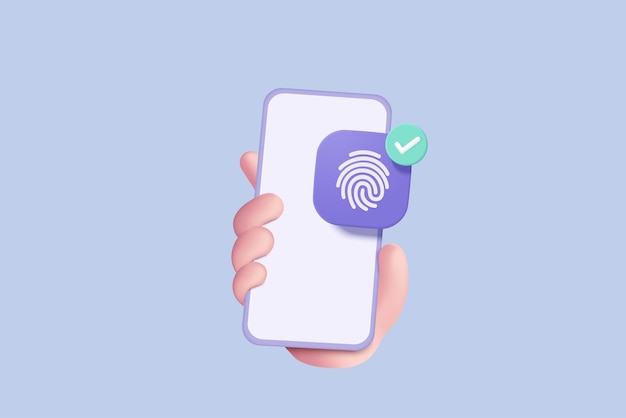3d huella dactilar ciberseguridad en la mano que sostiene el teléfono móvil Concepto de seguridad digital escaneo de dedos para identidad de autorización 3d escaneo de huellas dactilares signo vector renderizar ilustración sobre fondo azul