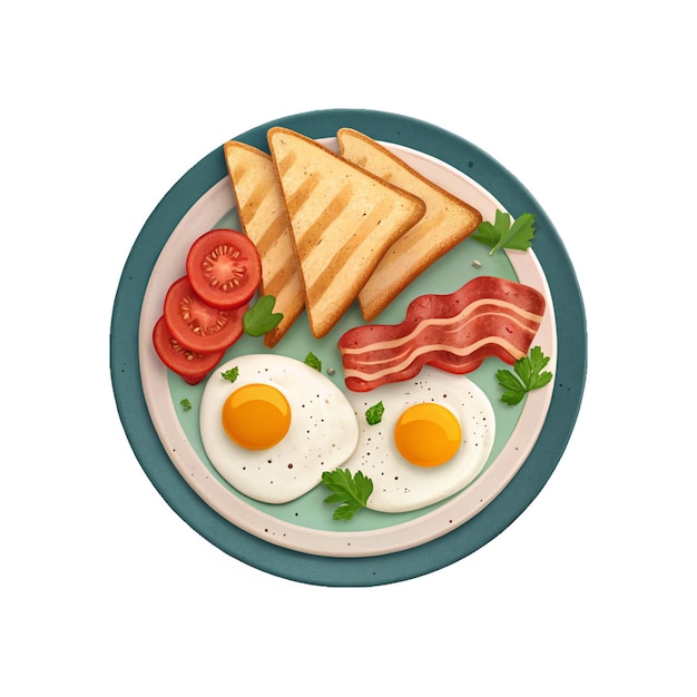 3D icon of Delicious Breakfast plate with Eggs Bacon Toast and Tomatoes