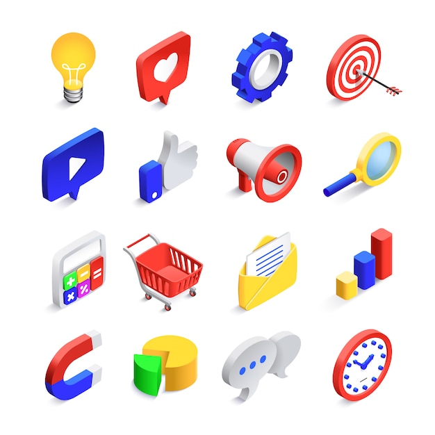 3d iconos de marketing social. La web isométrica seo le gusta la colección de iconos de vector de botón de búsqueda, red de correo comercial y sitio web