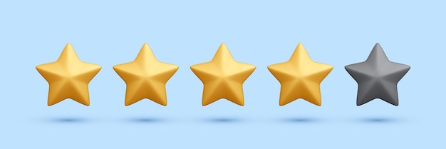 3d iconos realistas de cuatro estrellas doradas aislados en fondo azul Diseño para calificar el sitio web de productinternet o la aplicación móvil Ilustración vectorial