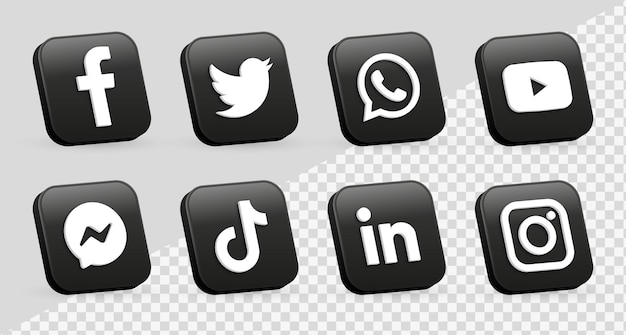 3d iconos de redes sociales logotipos marco cuadrado negro oscuro meta facebook instagram youtube icono de red
