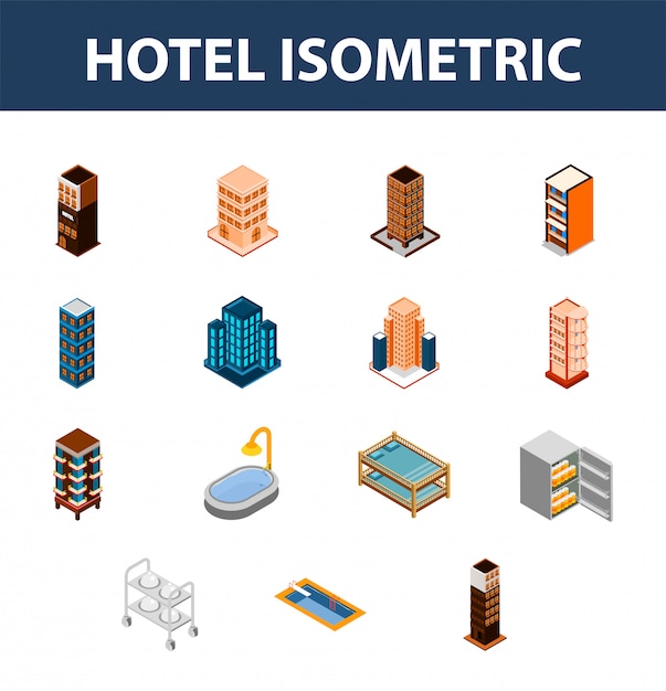 3d isométrico conjunto de icono de hotel.