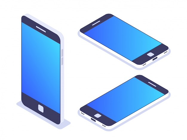 3d isométrico teléfono móvil. izquierda, derecha y vista superior. smartphone para usar en banners publicitarios o en sitios web