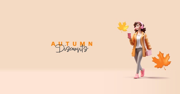 3D Una joven está caminando con un café escuchando su música favorita y las hojas de otoño alrededor