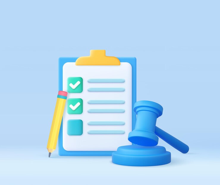 3d juez martillo en el clipboard de papel juez arbitraje concepto de juzgado de subasta corte martillo símbolo de autoridad de oferta concepto de ley 3d renderización ilustración vectorial