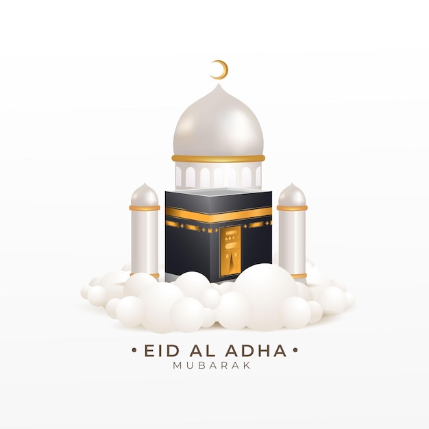 3d Kaaba y mezquita de lujo en el vector de nubes adecuado para Eid al adha o día de celebración islámica