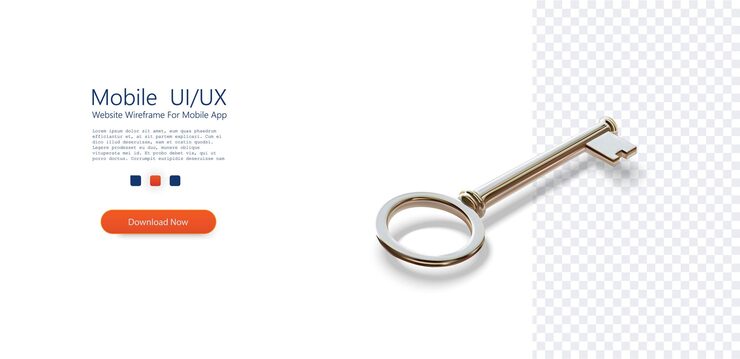 Vector 3d key icon for mobile app website wireframe design featuring a shiny golden key with detailed metal texture for use in apprelated navigation and user interaction