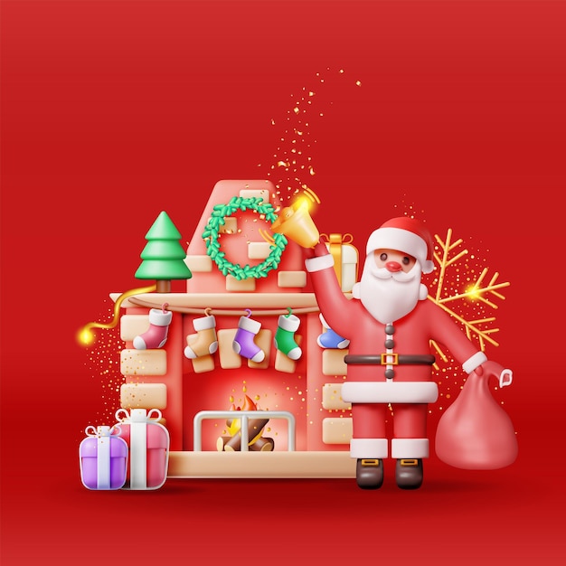 3D ladrillo rojo chimenea de Año Nuevo y Papá Noel Render Navidad decorada chimenea con calcetines regalos de árbol feliz año nuevo Navidad vacaciones año nuevo y celebración de Xmas Ilustración vectorial