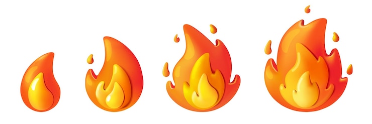 Vector 3d llama fuego emoji elementos amarillos rojos iconos de gas caliente antorcha luz humo naranja o señal de energía mágica explosión fuego de campo de dibujos animados fuego de campamento vector aislado objetos render